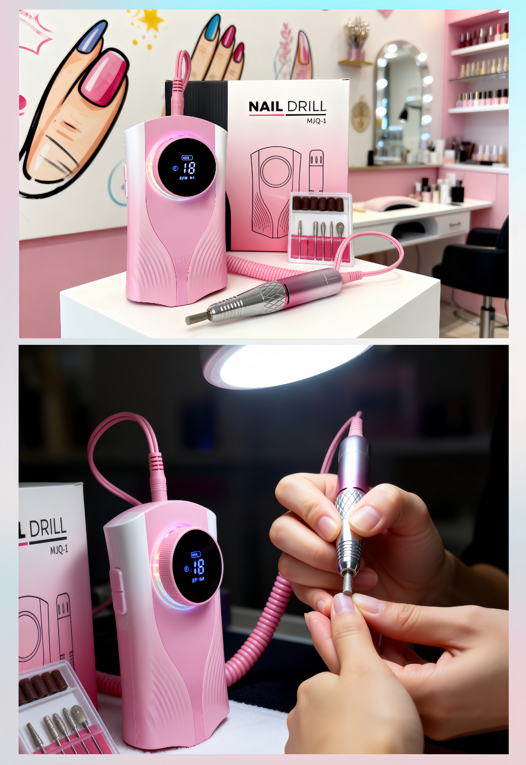 Professional Nail Drill for Perfect Nails 30K RPM,45 Adjustable Speeds, 6 Bits & Bands | Portable,Rechargeable, Low Noise |Salon-Quality Acrylic& Gel Nail Kit, Pink