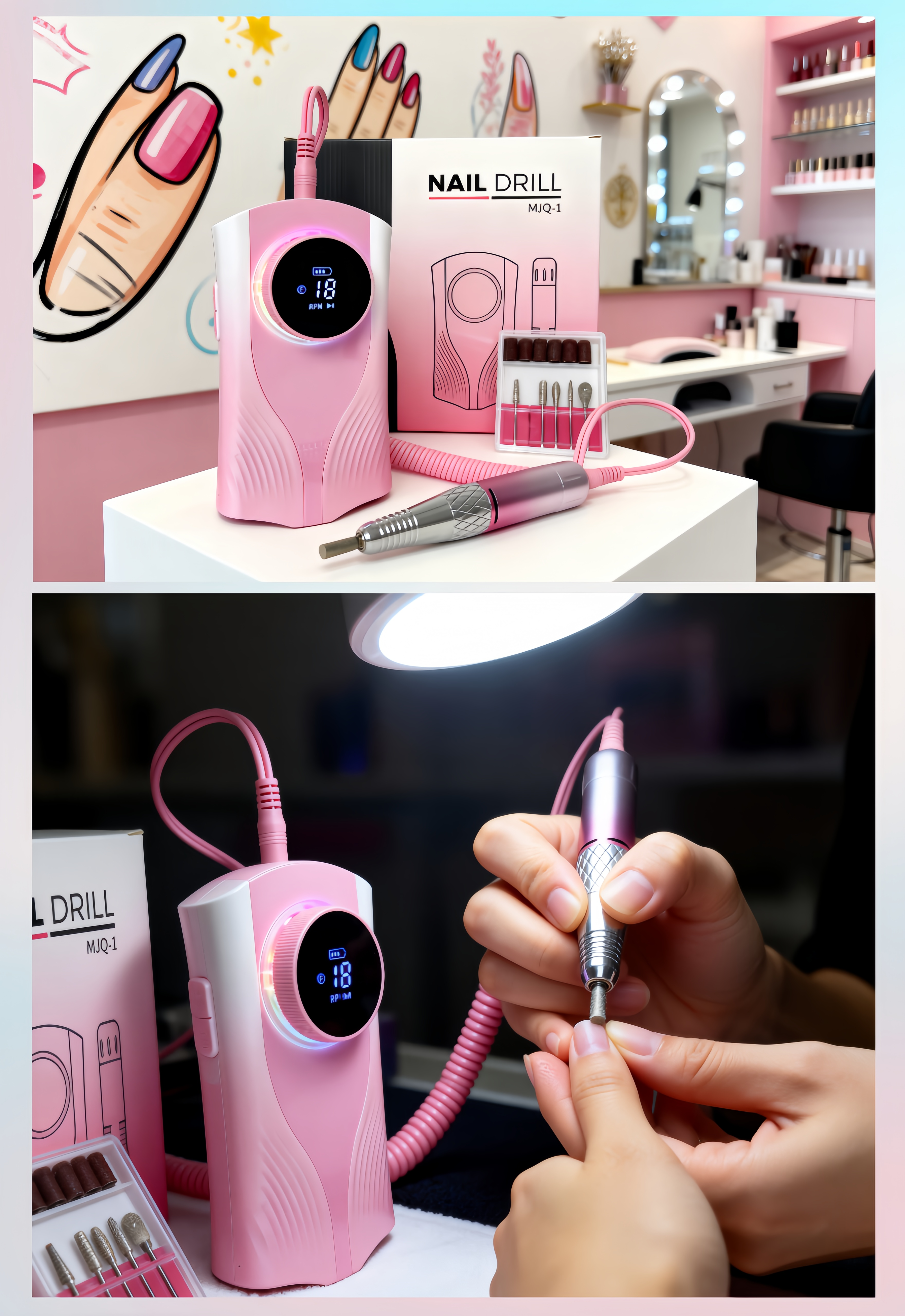 Professional Nail Drill for Perfect Nails 30K RPM,45 Adjustable Speeds, 6 Bits & Bands | Portable,Rechargeable, Low Noise |Salon-Quality Acrylic& Gel Nail Kit, Pink