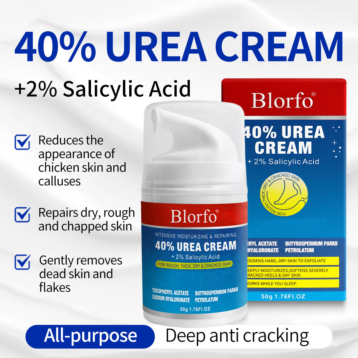 Blorfo 40% Urea Cream with 2% Salicylic Acid - Intensive Moisturizing & Exfoliating Formula for Calluses & Dry Skin - 3.52oz