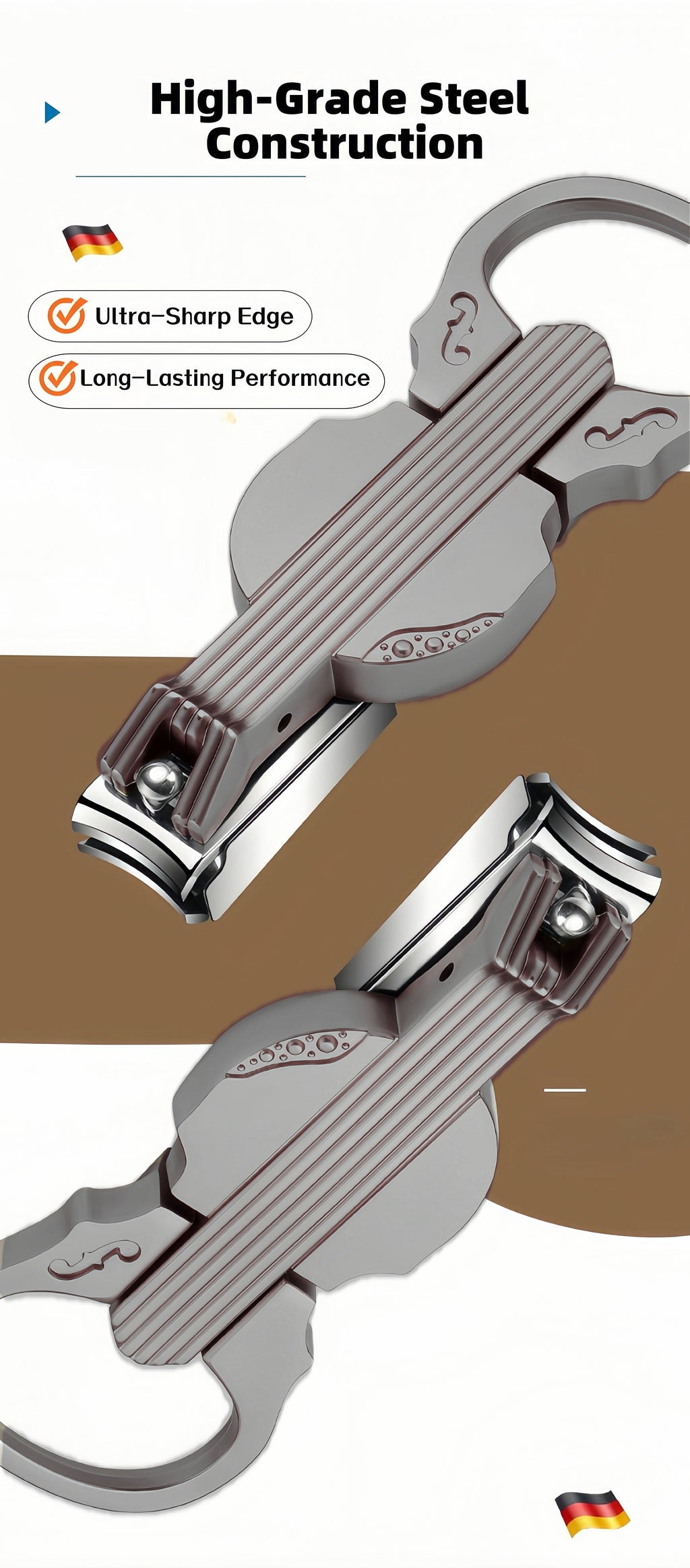 2-Piece Cello Stainless Steel Nail Clippers kit with 3x Magnifying Mirror, Splash-Proof with Nail Storage Box, Bottle Opener Function + Nano Glass Fil