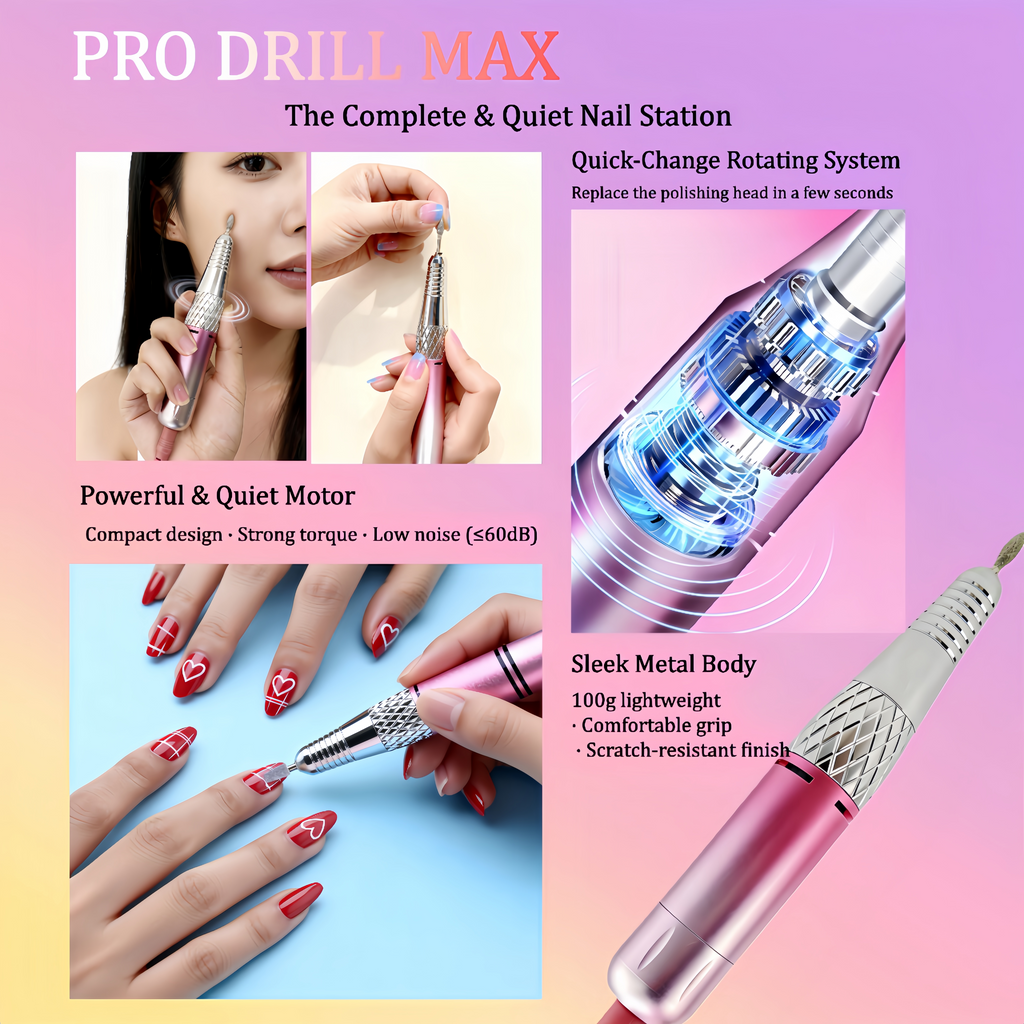 Professional Nail Drill for Perfect Nails 30K RPM,45 Adjustable Speeds, 6 Bits & Bands | Portable,Rechargeable, Low Noise |Salon-Quality Acrylic& Gel Nail Kit, Pink