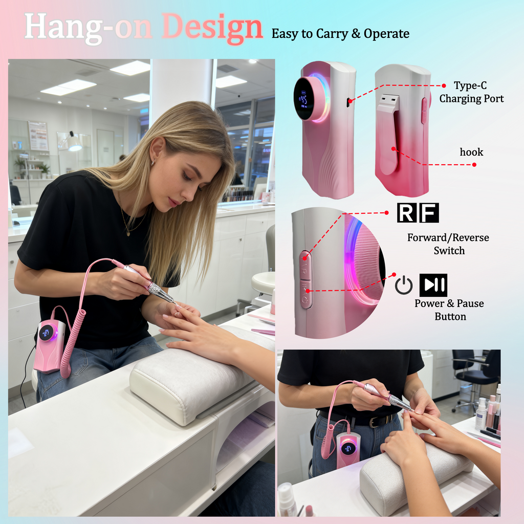 Professional Nail Drill for Perfect Nails 30K RPM,45 Adjustable Speeds, 6 Bits & Bands | Portable,Rechargeable, Low Noise |Salon-Quality Acrylic& Gel Nail Kit, Pink