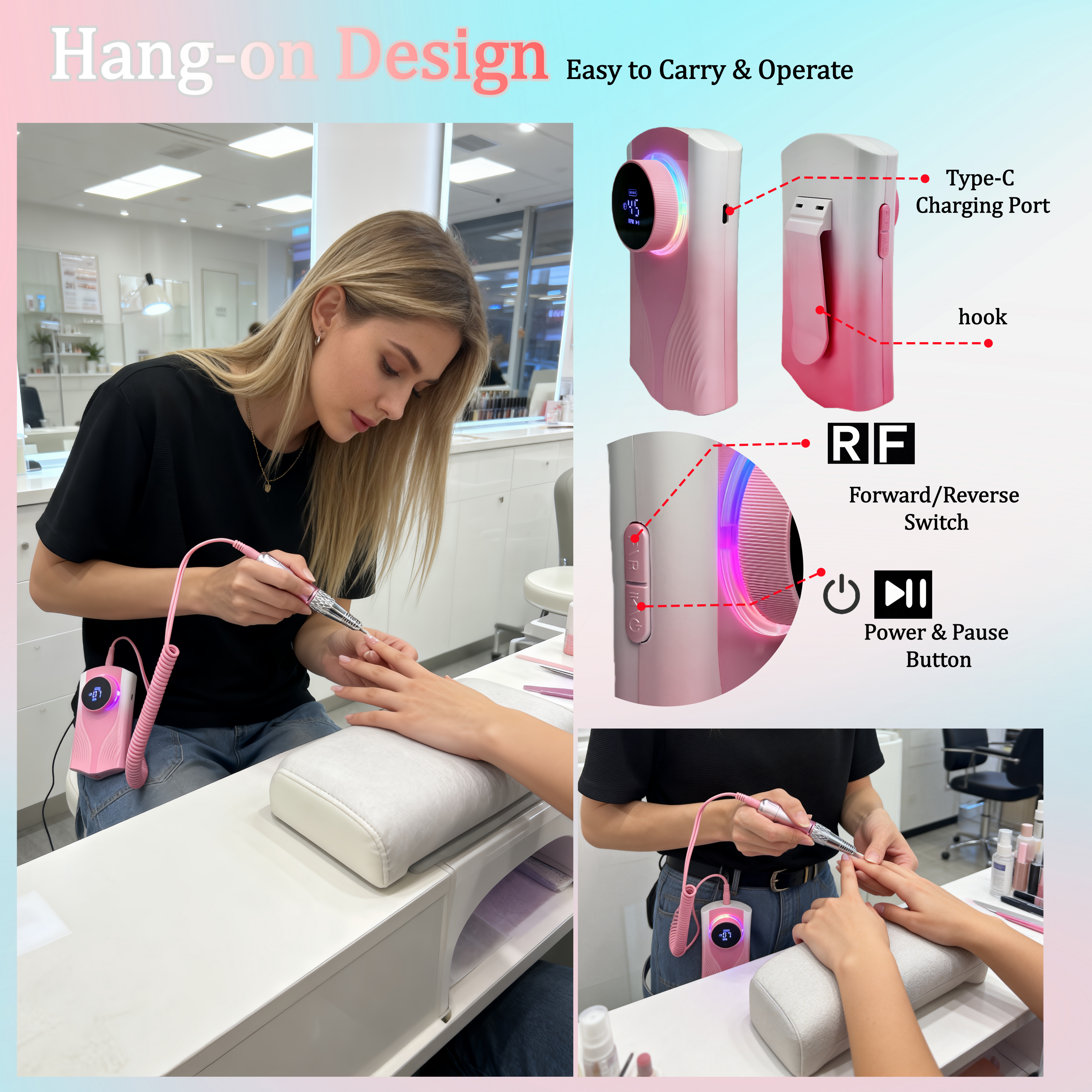 Professional Nail Drill for Perfect Nails 30K RPM,45 Adjustable Speeds, 6 Bits & Bands | Portable,Rechargeable, Low Noise |Salon-Quality Acrylic& Gel Nail Kit, Pink