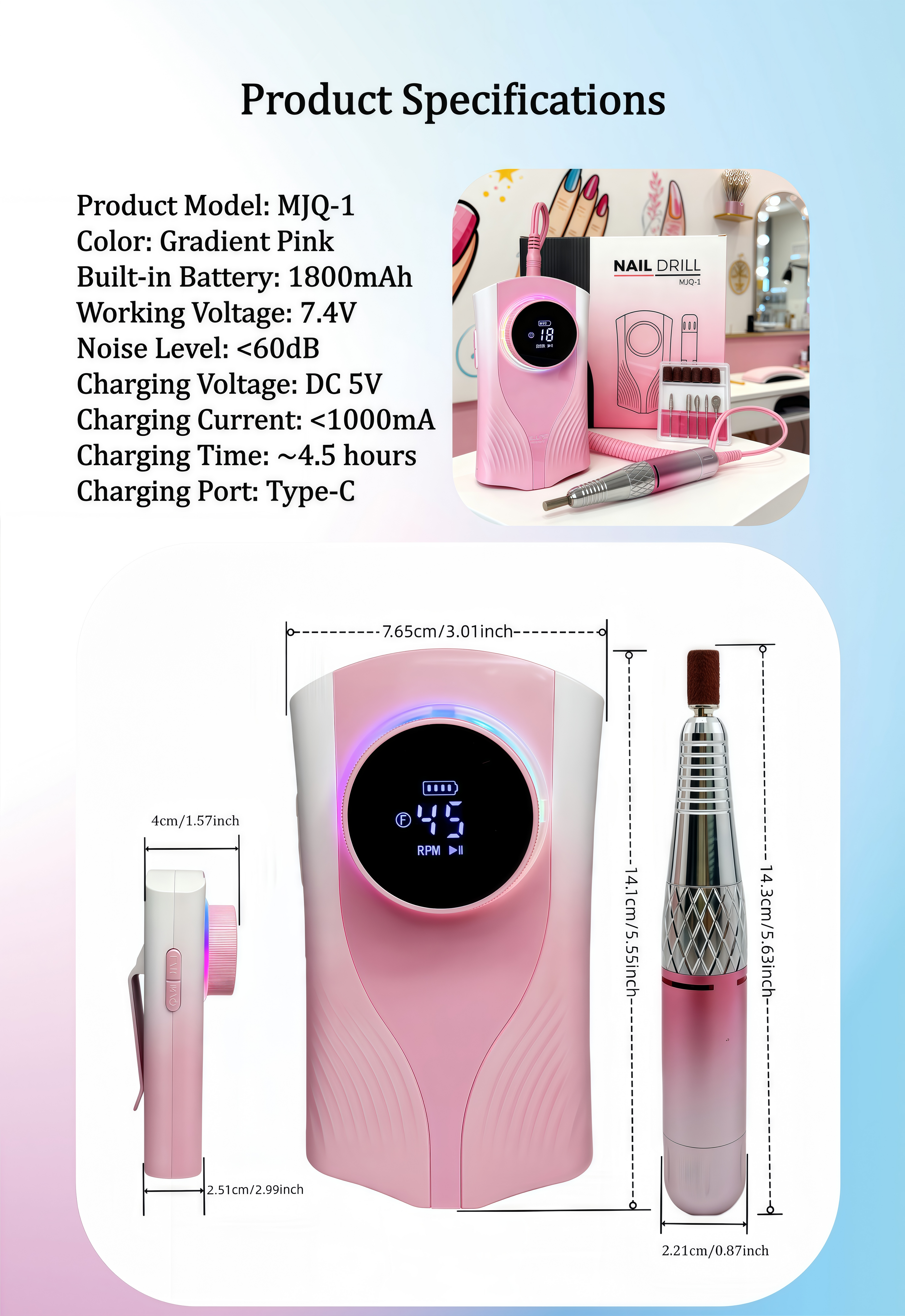 Professional Nail Drill for Perfect Nails 30K RPM,45 Adjustable Speeds, 6 Bits & Bands | Portable,Rechargeable, Low Noise |Salon-Quality Acrylic& Gel Nail Kit, Pink